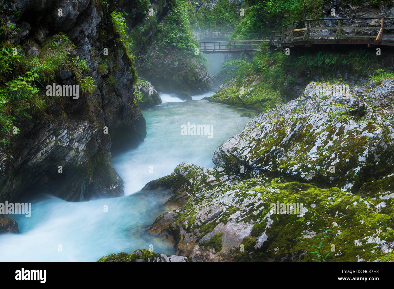 Vintgar gorge and Radovna river with walking path and rocks near Bled, Slovenia Stock Photo