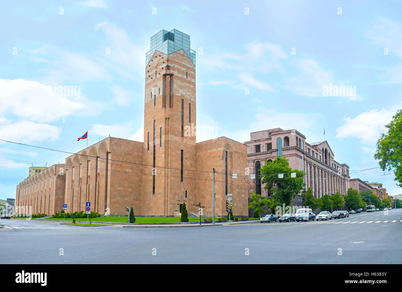 The modern building of Yerevan City Hall with the high clock tower