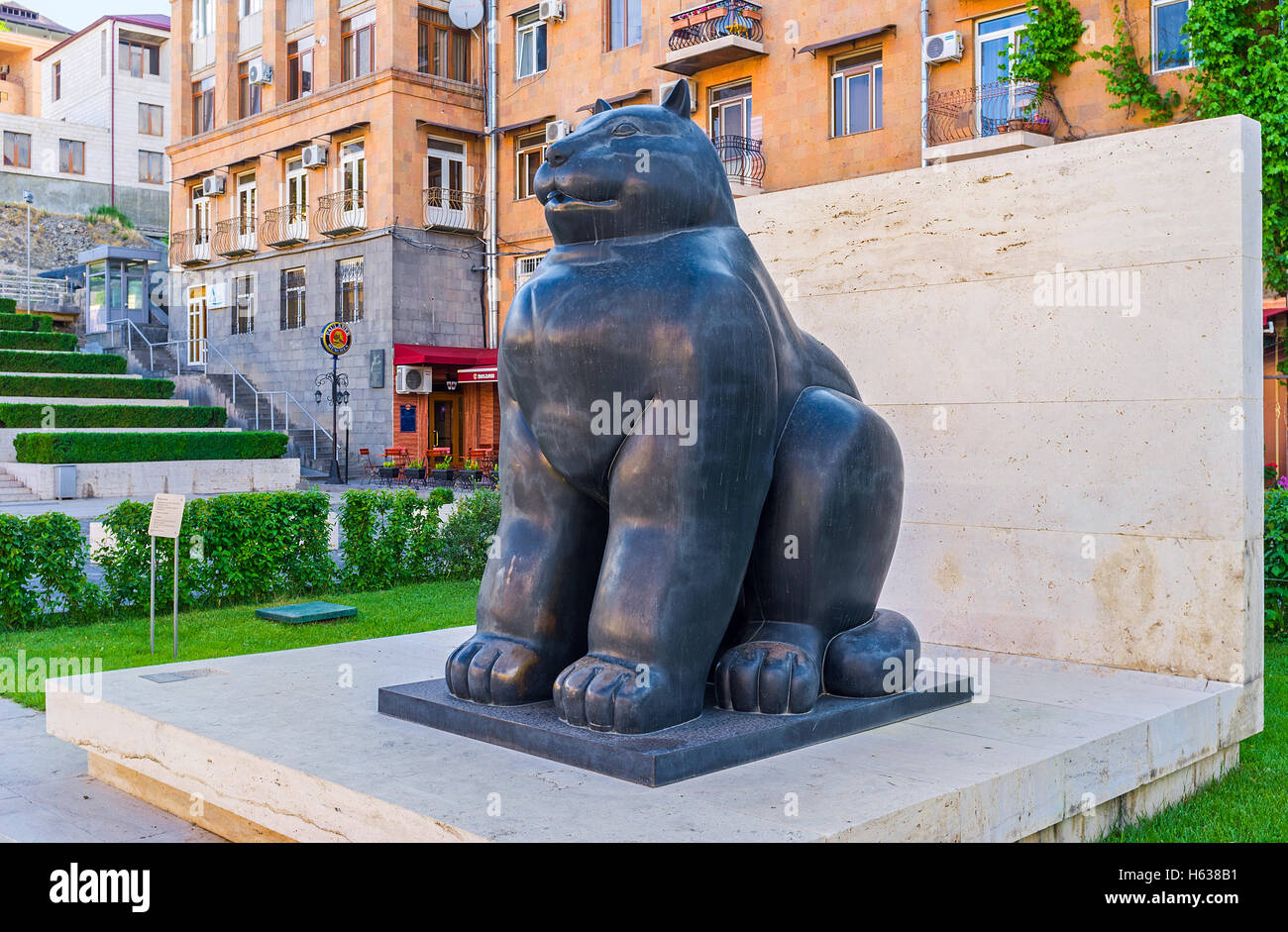 The Botero's giant cat in Cafesjian sculpture garden in the city center, Yerevan. Stock Photo
