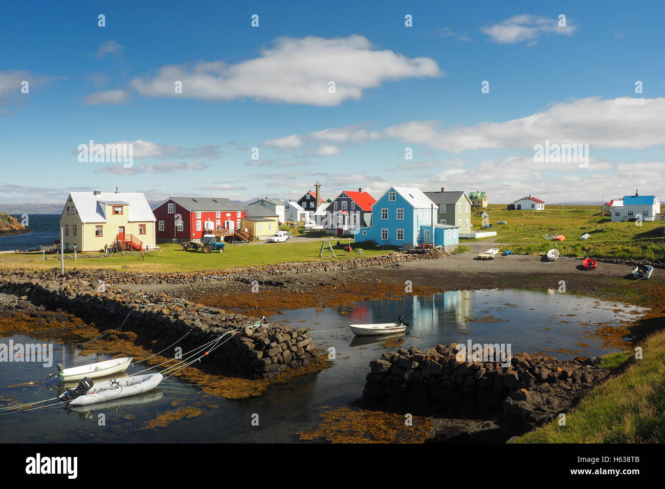 Small village on the isle of Flatey in western Iceland. Stock Photo