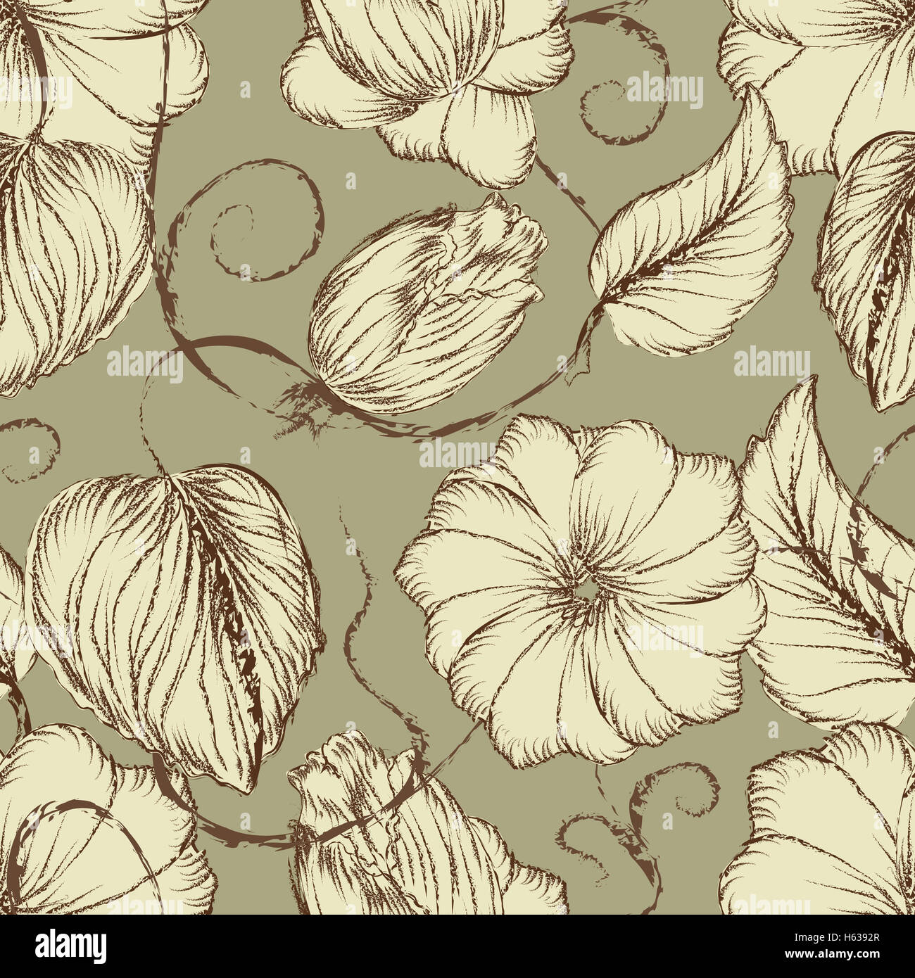 Hand drawn pattern with flowers and leaves Stock Photo