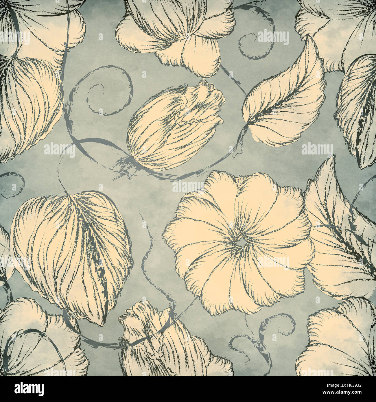 Hand drawn pattern with flowers and leaves Stock Photo