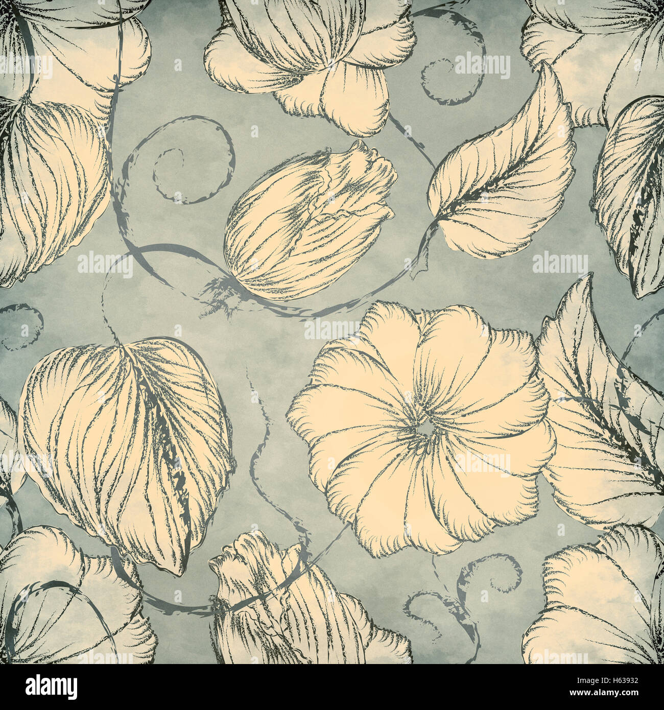 Hand drawn pattern with flowers and leaves Stock Photo - Alamy