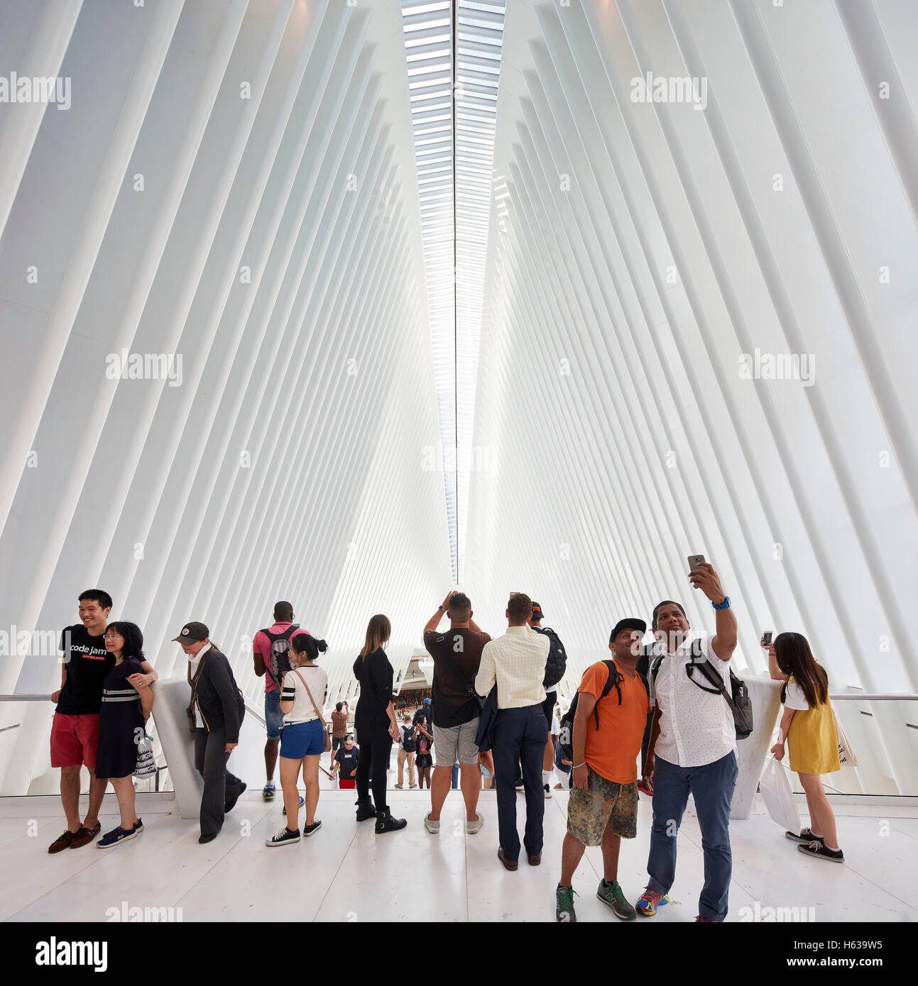 Cathedral-like transit hall interior from viewing platform. The Oculus, World Trade Center Transportation Hub, New York, United Stock Photo