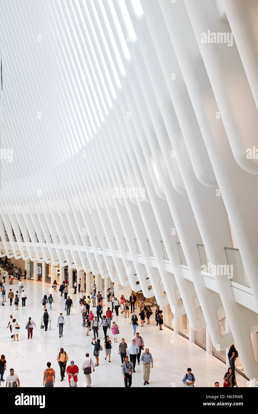 Arrival area of cathedral-like transit hall. The Oculus, World Trade Center Transportation Hub, New York, United States. Architect: Santiago Calatrava, 2016. Stock Photo
