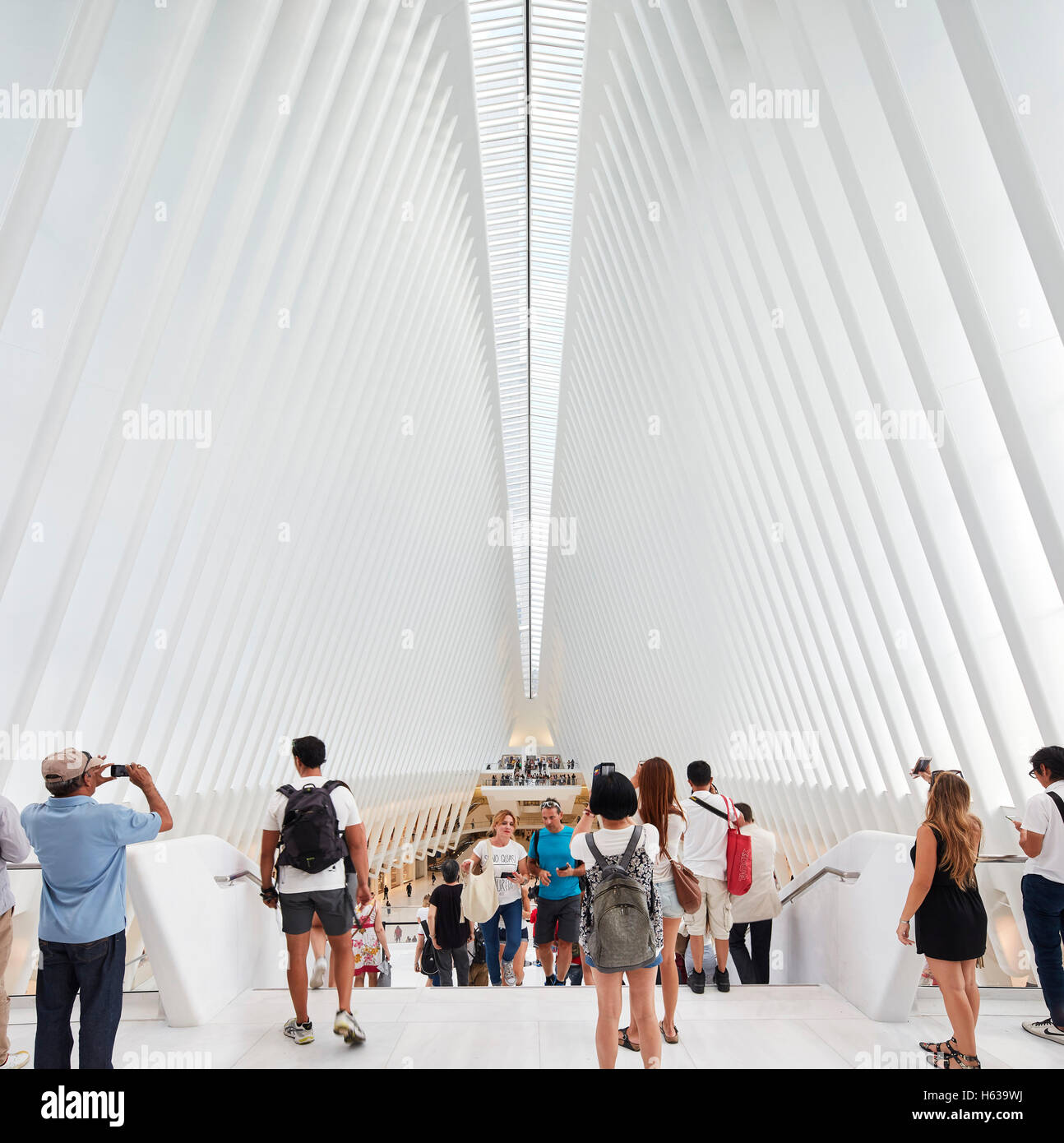 Cathedral-like transit hall interior from viewing platform. The Oculus, World Trade Center Transportation Hub, New York, United Stock Photo