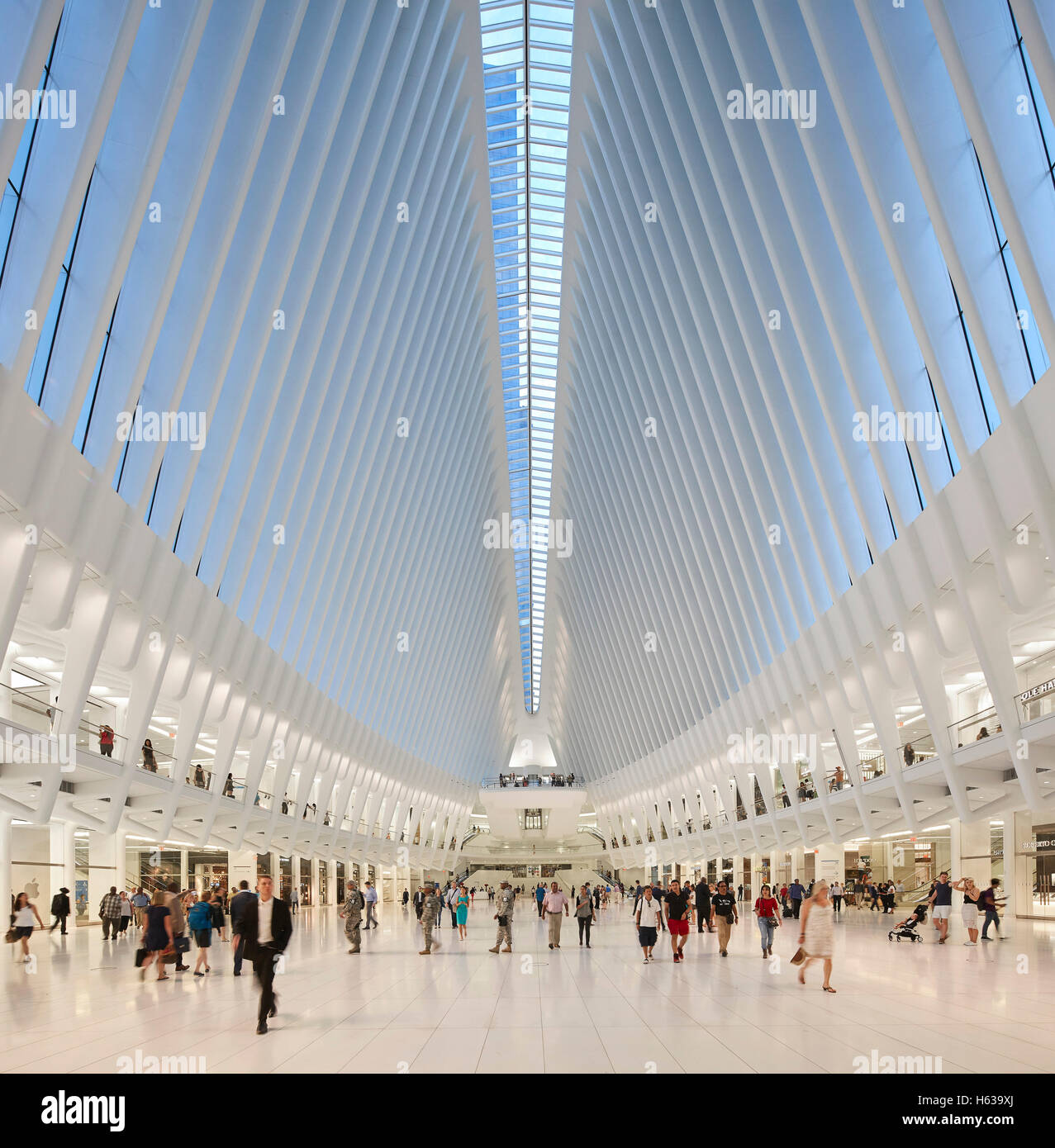 Cathedral-like transit hall interior from arrival level. The Oculus, World Trade Center Transportation Hub, New York, United States. Architect: Santiago Calatrava, 2016. Stock Photo