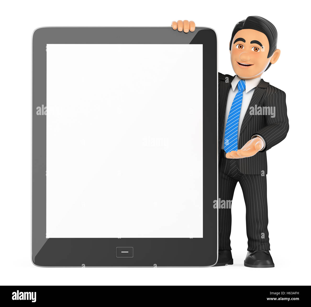 3d business people illustration. Businessman with a huge tablet blank ...