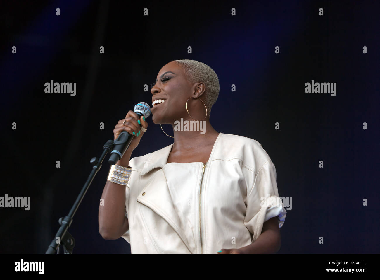 Laura Mvula performing with her band on the main stage at the On Blackheath Music Festival 2015. Stock Photo