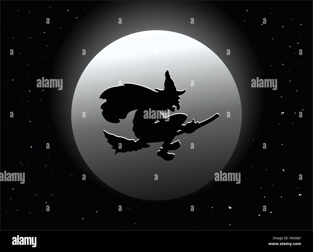 Scary witch flying on broom by moon, Halloween vector illustration ...