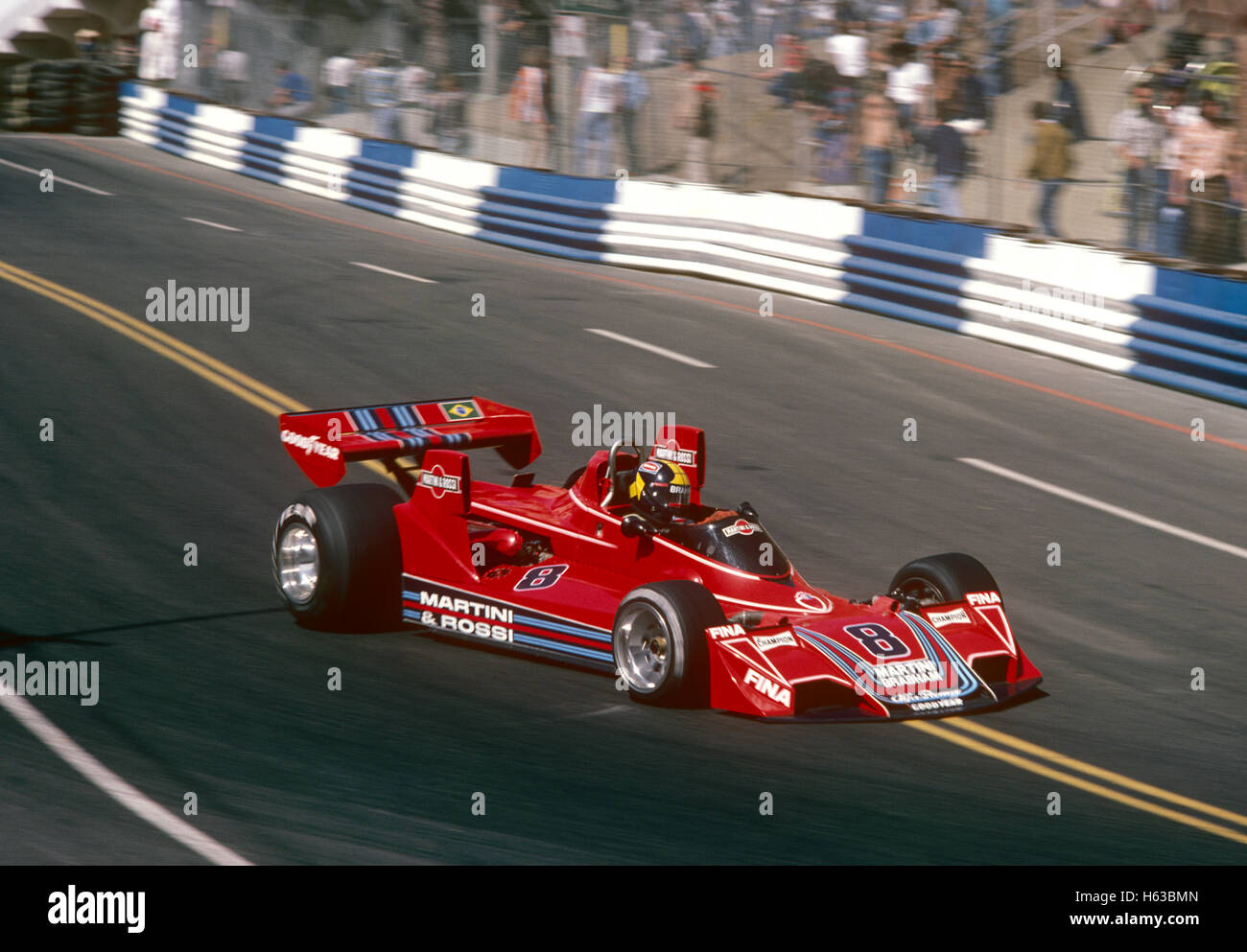 Carlos Pace driving his Brabham BT44 Alfa Romeo racing car 1975 Long Beach US GP West Stock Photo