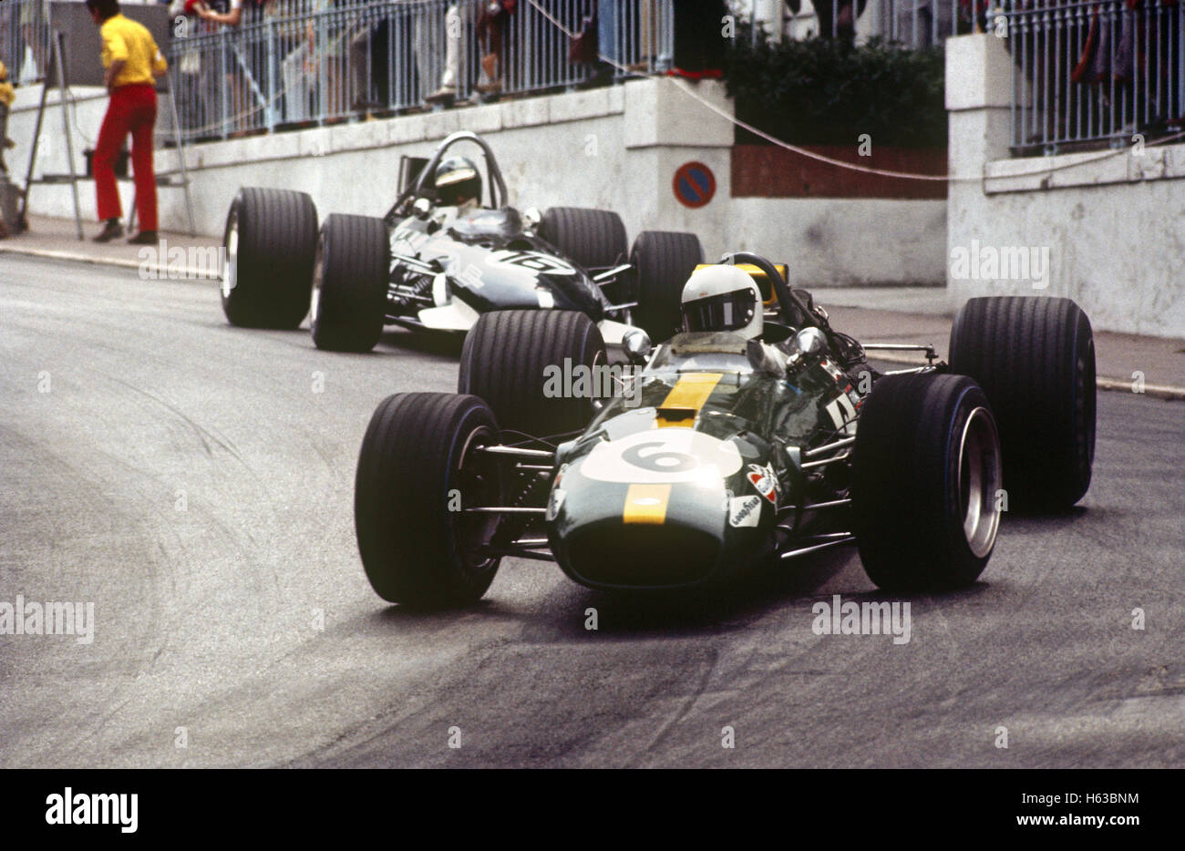 6 Jacky Ickx in his Brabham Cosworth BT26A and 16 Piers Courage in his Brabham Cosworth BT26A Monaco GP Monte Carlo 18 May 1969 Stock Photo