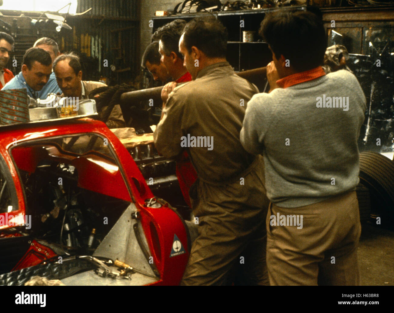 Ferrari P4 engine change Garage Le Mans 1967 Stock Photo