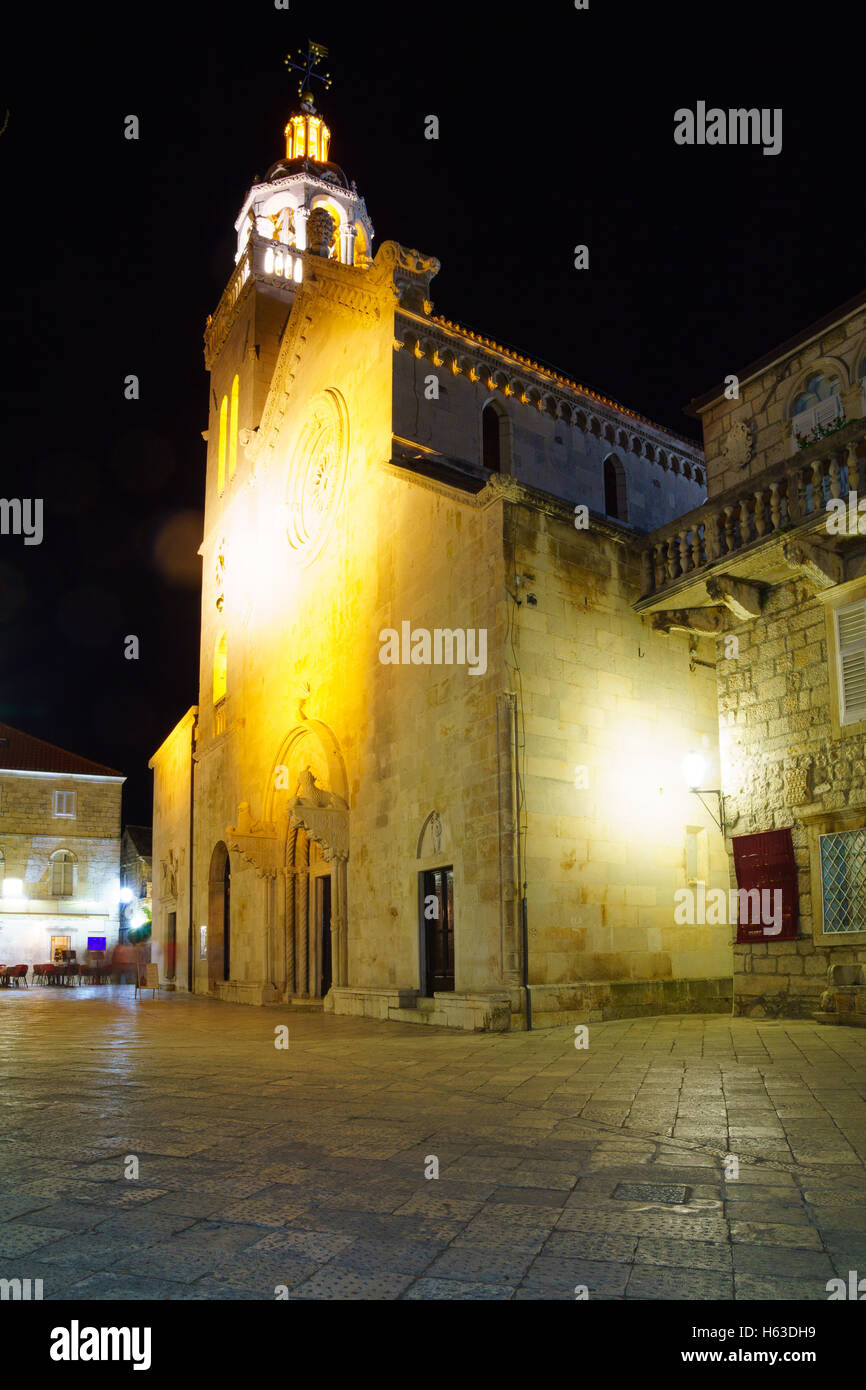 Night Scene of St Mark Cathedral, in the old town of Korcula, Croatia Stock Photo