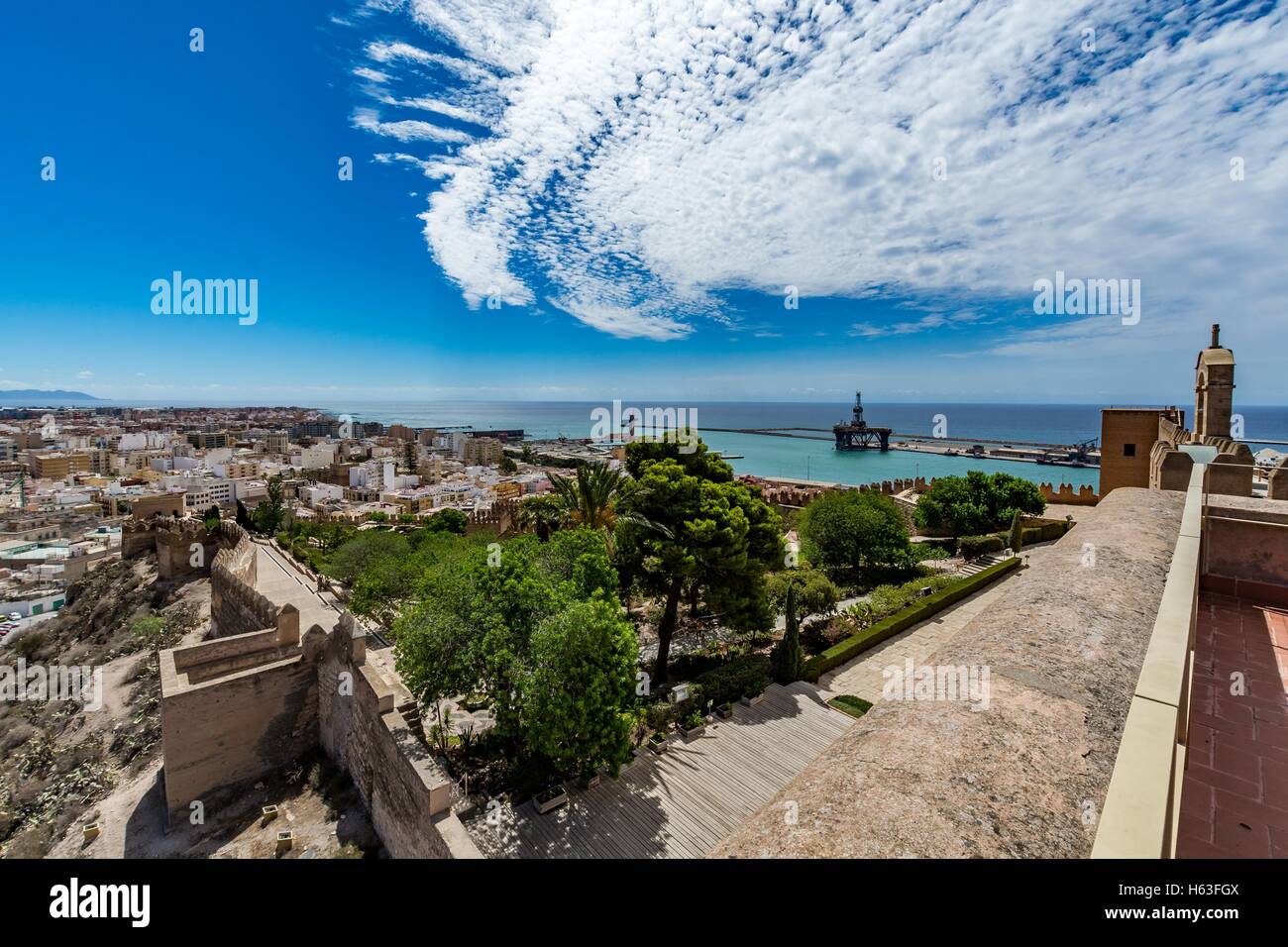 Panoramic cityscape of Almeria with the walls of Alcazaba (Castle), Spain Stock Photo