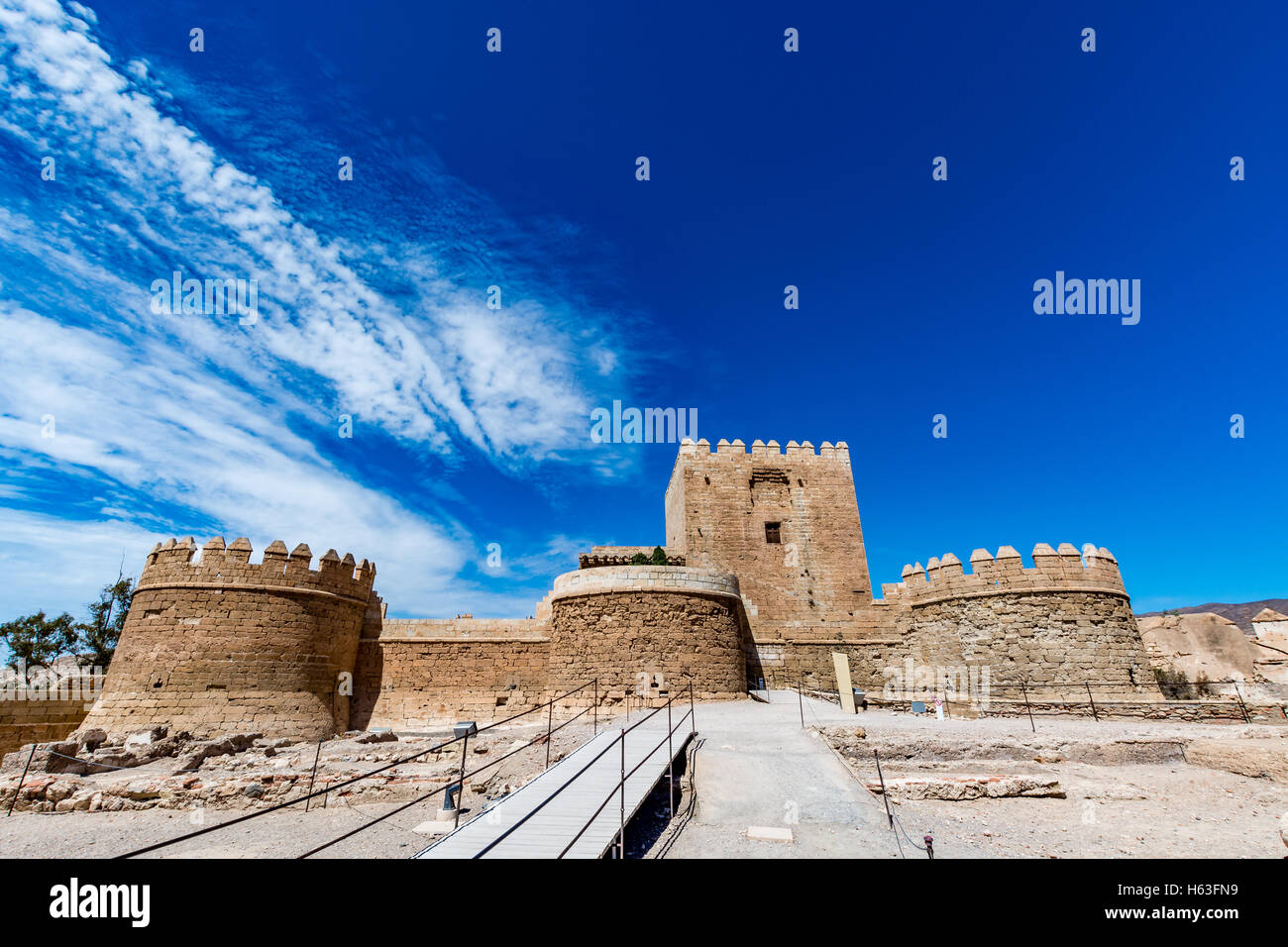 View of the Christian part of the Alcazaba in Almeria (Almeria Castle) on a beautiful day, horizontal, Spain Stock Photo