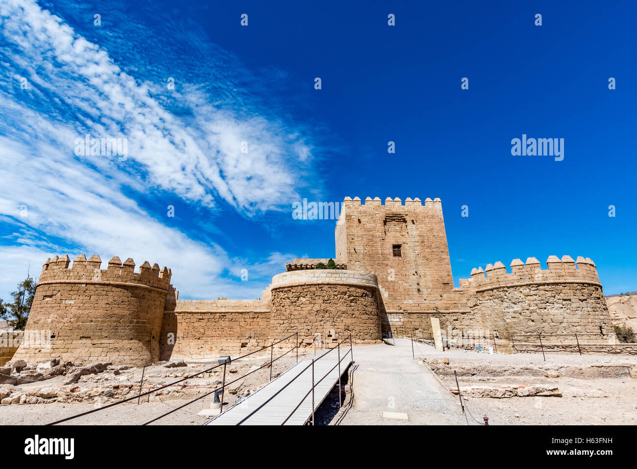View of the Christian part of the Alcazaba in Almeria (Almeria Castle) on a beautiful day, horizontal, Spain Stock Photo