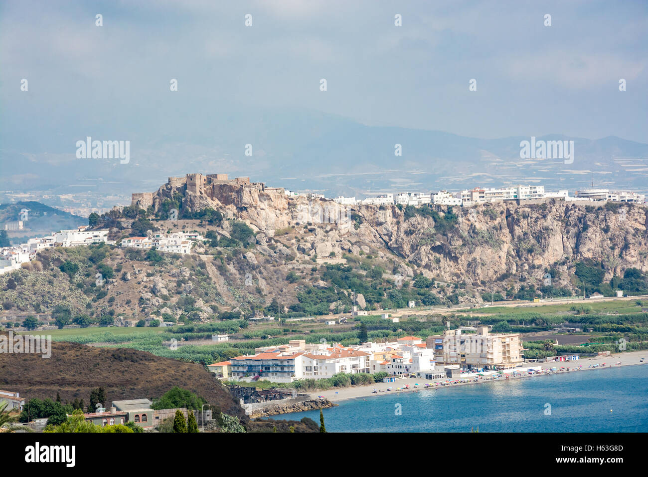 View of the castle of Salobrena (Castillo De Salobreña) on a hill and coast of Costa Tropical, Spain Stock Photo