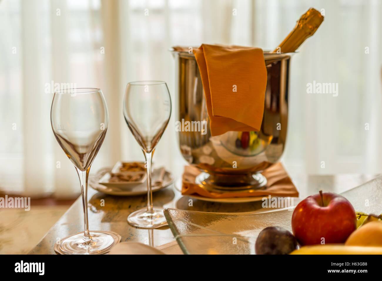 Champagne glasses in a five stars hotel room Stock Photo Alamy