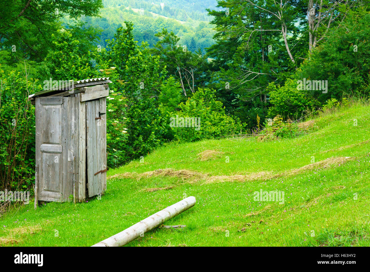 A wooden toilet cabin in central  area, along the Kolasin - Andrijevica road) Stock Photo