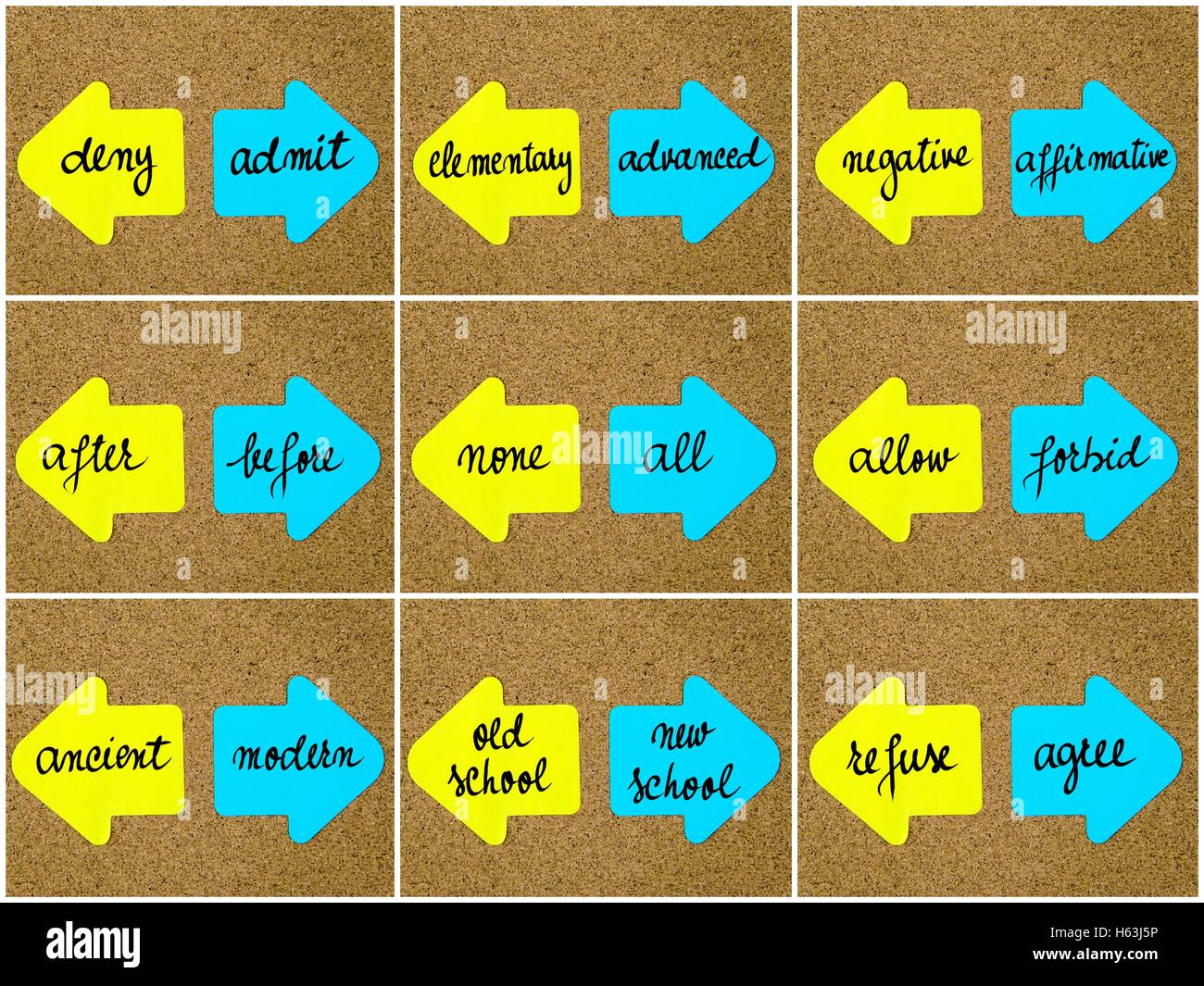 Photo collage of antonym concepts written on yellow and blue paper ...