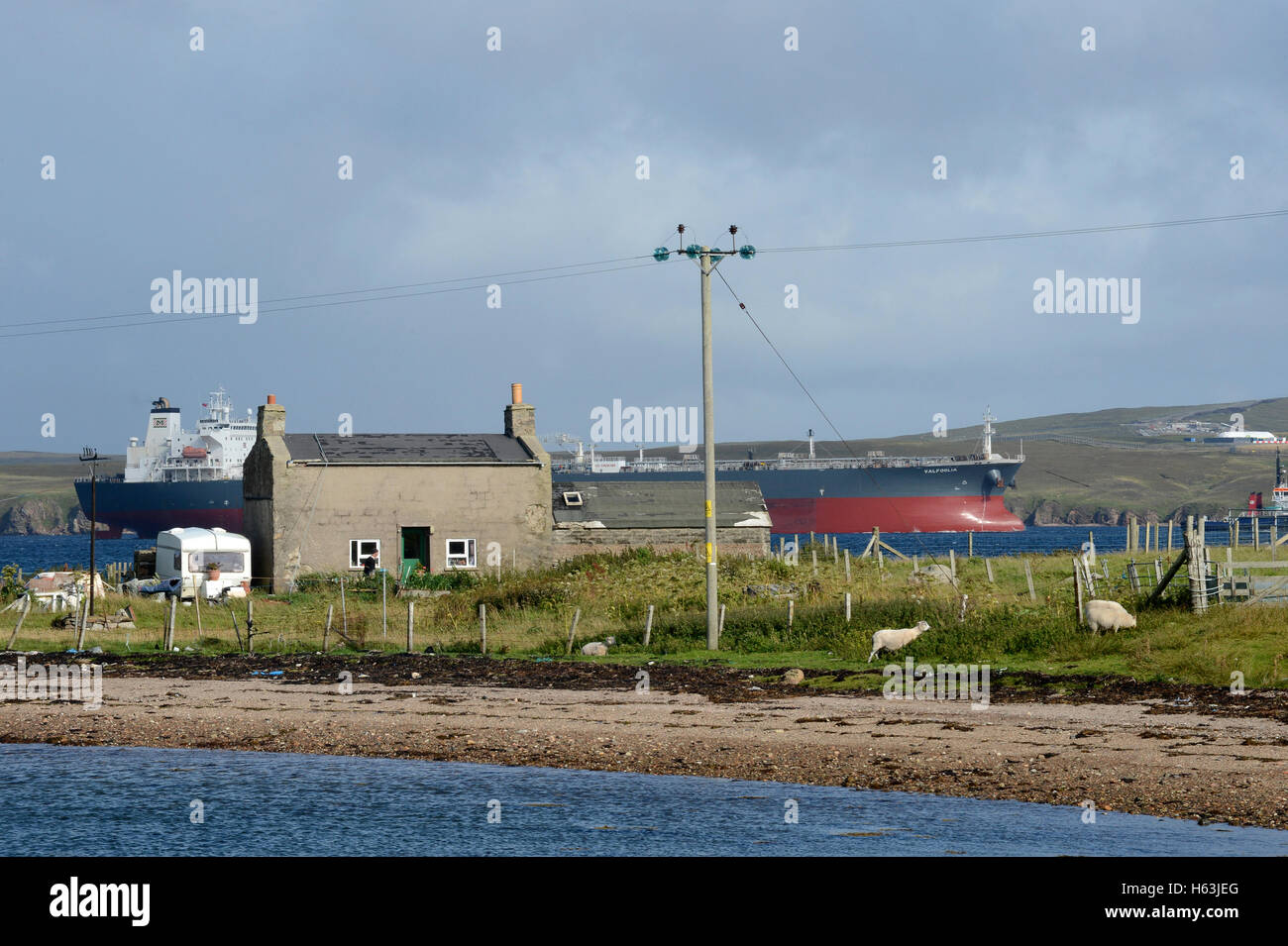 Oil Tanker entering the port of Sullom Voe to load Brent or Clair Crude oil from the north sea oil fields Stock Photo