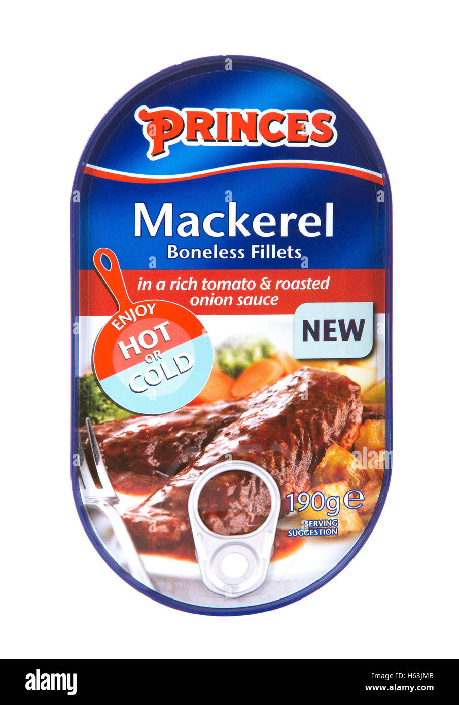 Tin of Princes Mackerel fillets in a rich Tomato and Roasted Onion Sauce on a white background Stock Photo