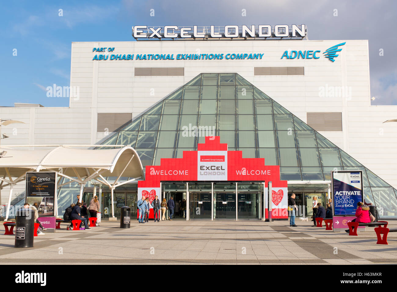 Main entrance of the ExCeL Center, an exhibitions and international convention centre situated near Royal Victoria Dock, London Stock Photo