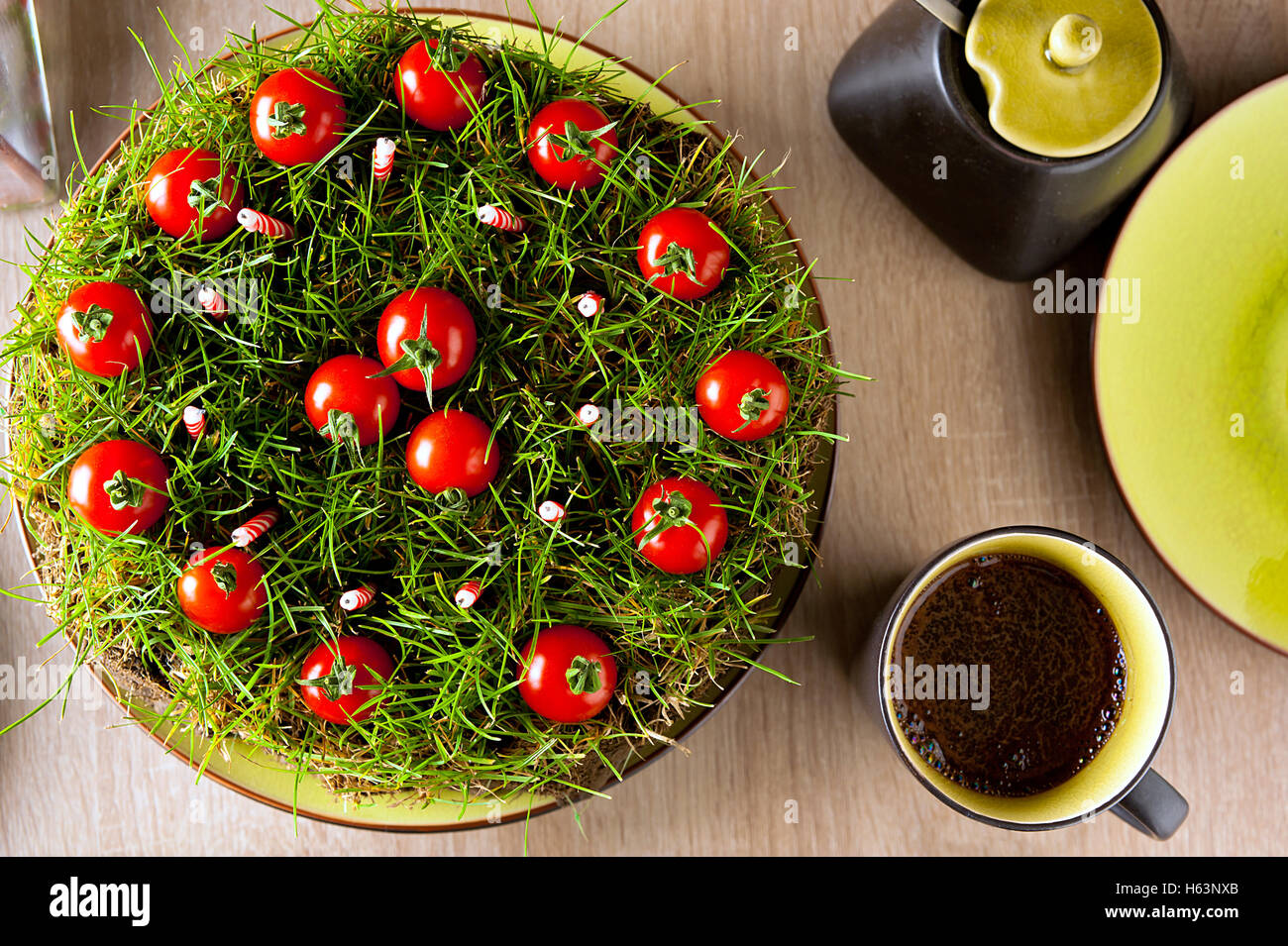 An improvised garden cake made from ground, grass, candles and cherry tomatoes. Stock Photo