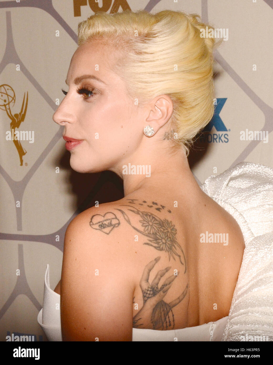 Lady Gaga aka Stefani Joanne Angelina Germanotta attends the 67th Primetime Emmy Awards Fox after party on September 20, 2015 in Los Angeles, California. Stock Photo
