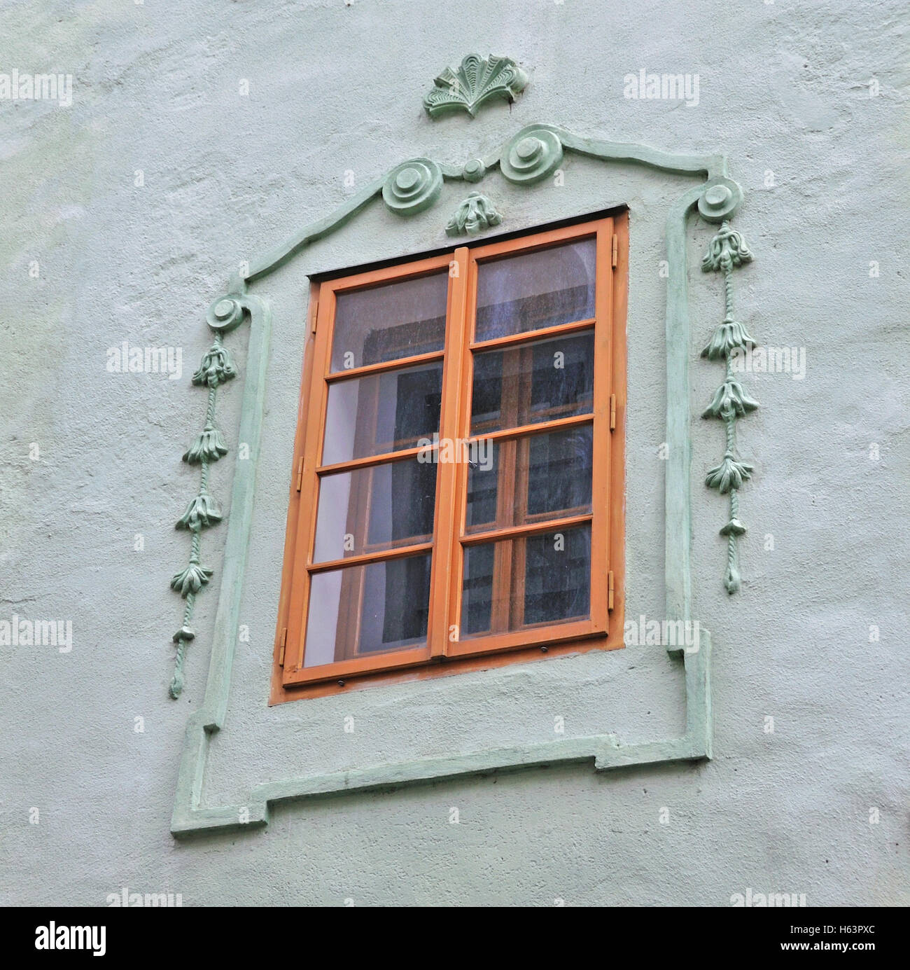 Old style Czech window and frame in Prague, Czech Republic Stock Photo