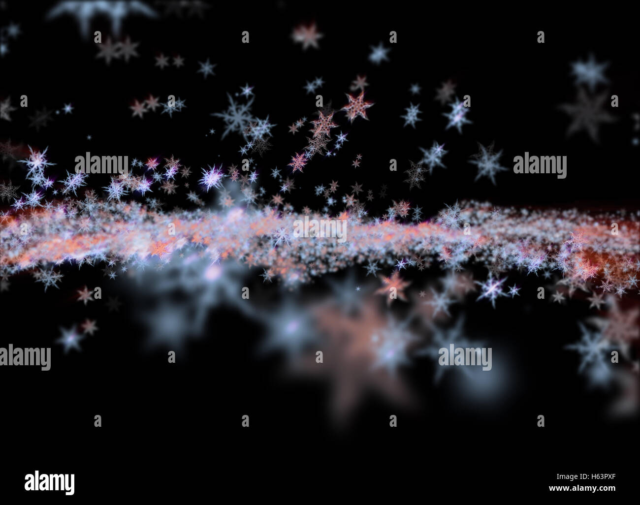 Snowflakes winter field cloud background. Happy new year, Christmas theme blurred bokeh. Stock Photo