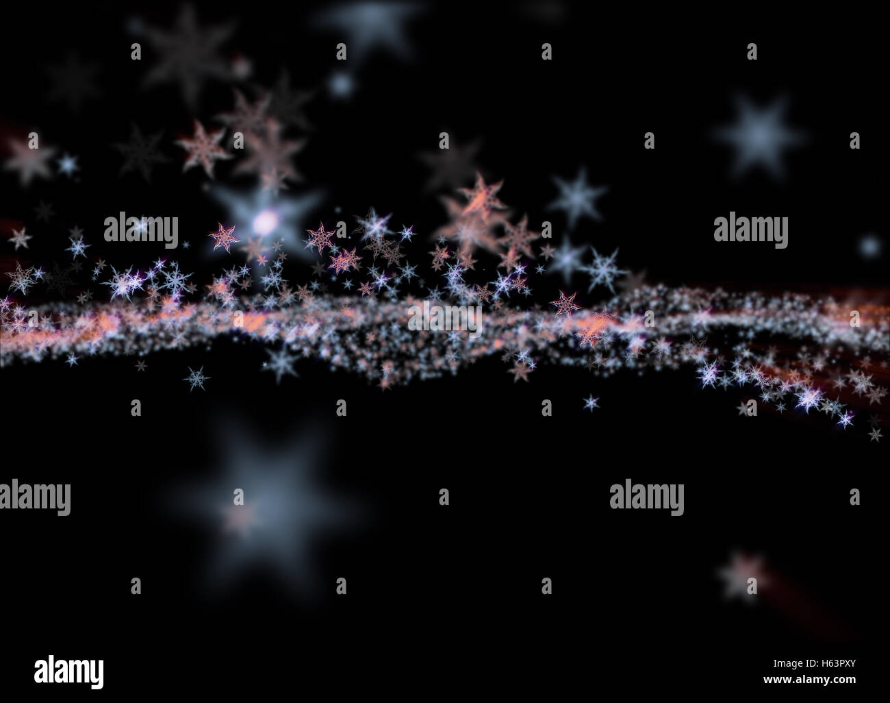 Snowflakes winter field cloud background. Happy new year, Christmas theme blurred bokeh. Stock Photo