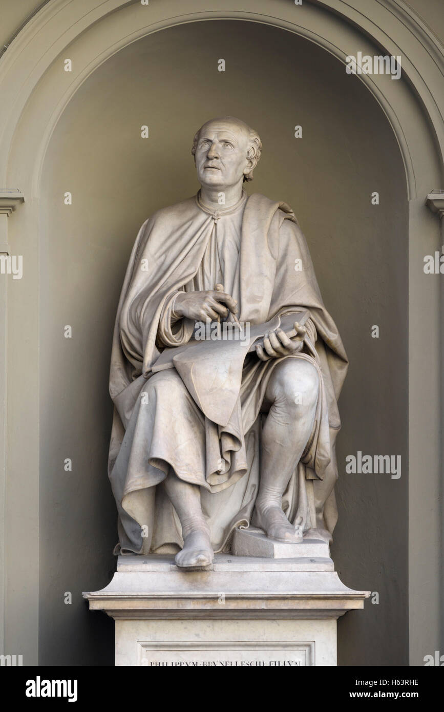 Florence. Italy. Statue of architect Filippo Brunelleschi (1377-1446), on Piazza del Duomo. Stock Photo