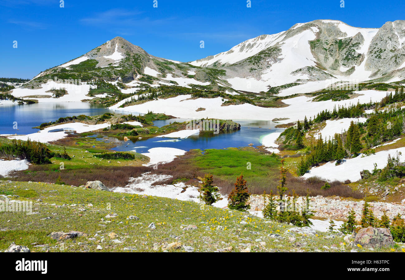 Snowy Range Mountains and lake with reflection in Medicine Bow, Wyoming
