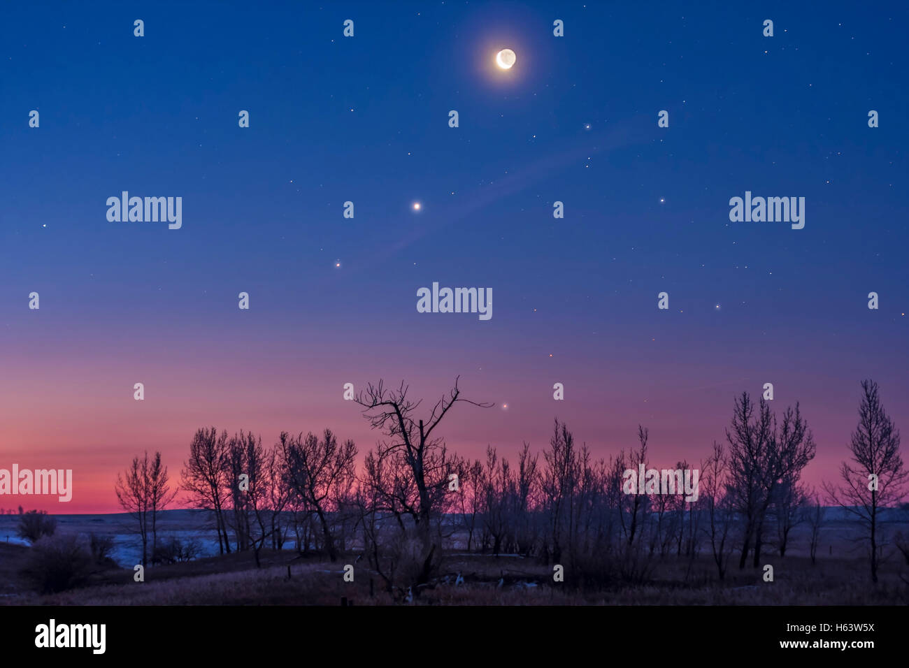 The waning crescent Moon above Venus and Saturn (dimmer and below Venus) in the dawn twilight on January 6, 2016, taken from hom Stock Photo