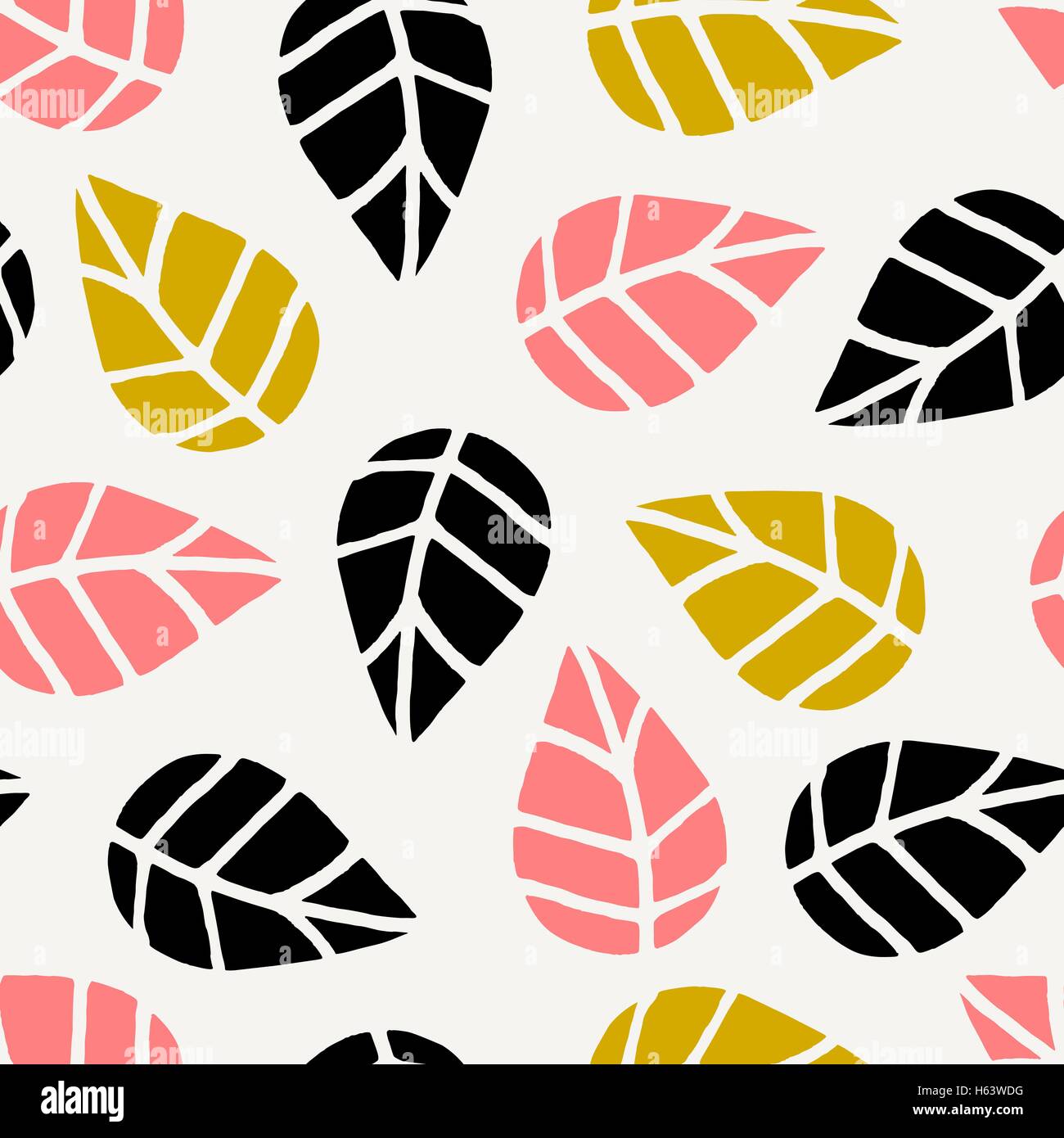 Seamless repeating pattern with black, pink and yellow leaves on cream ...