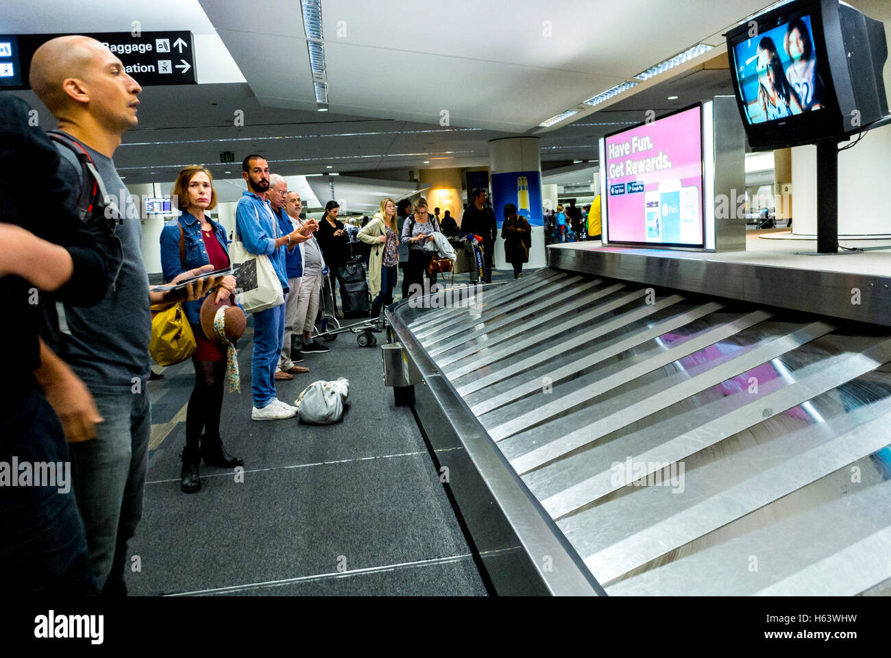 San Francisco, CA, USA, Crowd of People Travelling inside Terminal Building at Luggage Claim Area, Airport Views, Flight Facilities Stock Photo