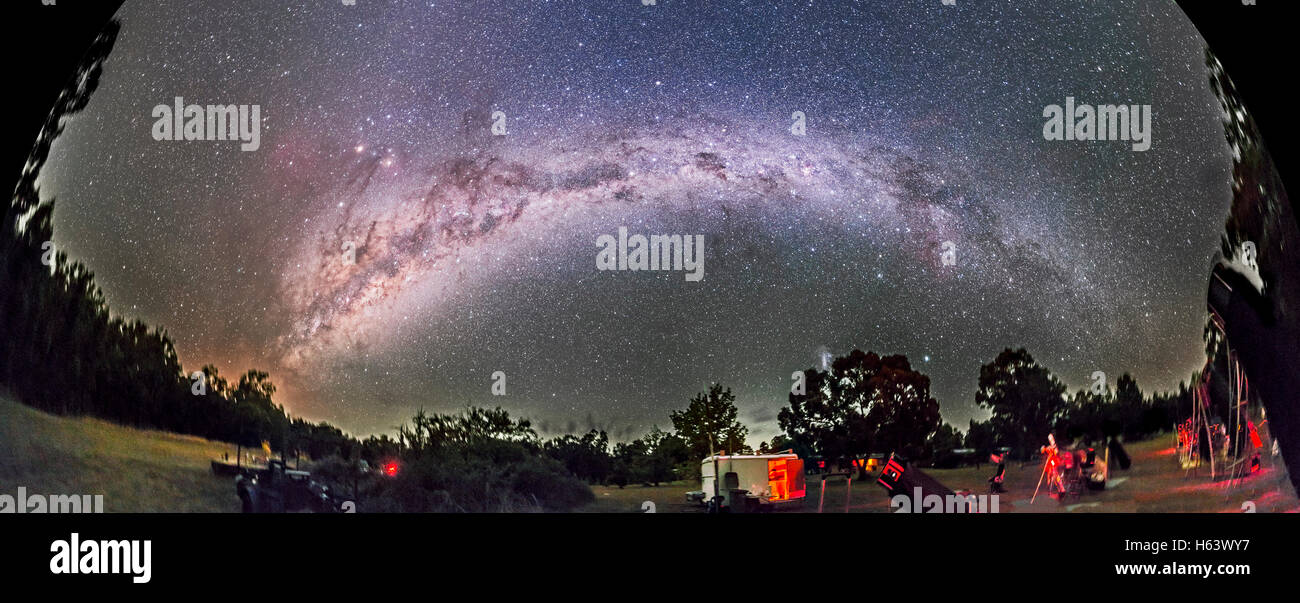 A 180° panorama of the southern sky Milky Way, from Sagittarius and Scorpius rising at left (east), across the south in Centauru Stock Photo