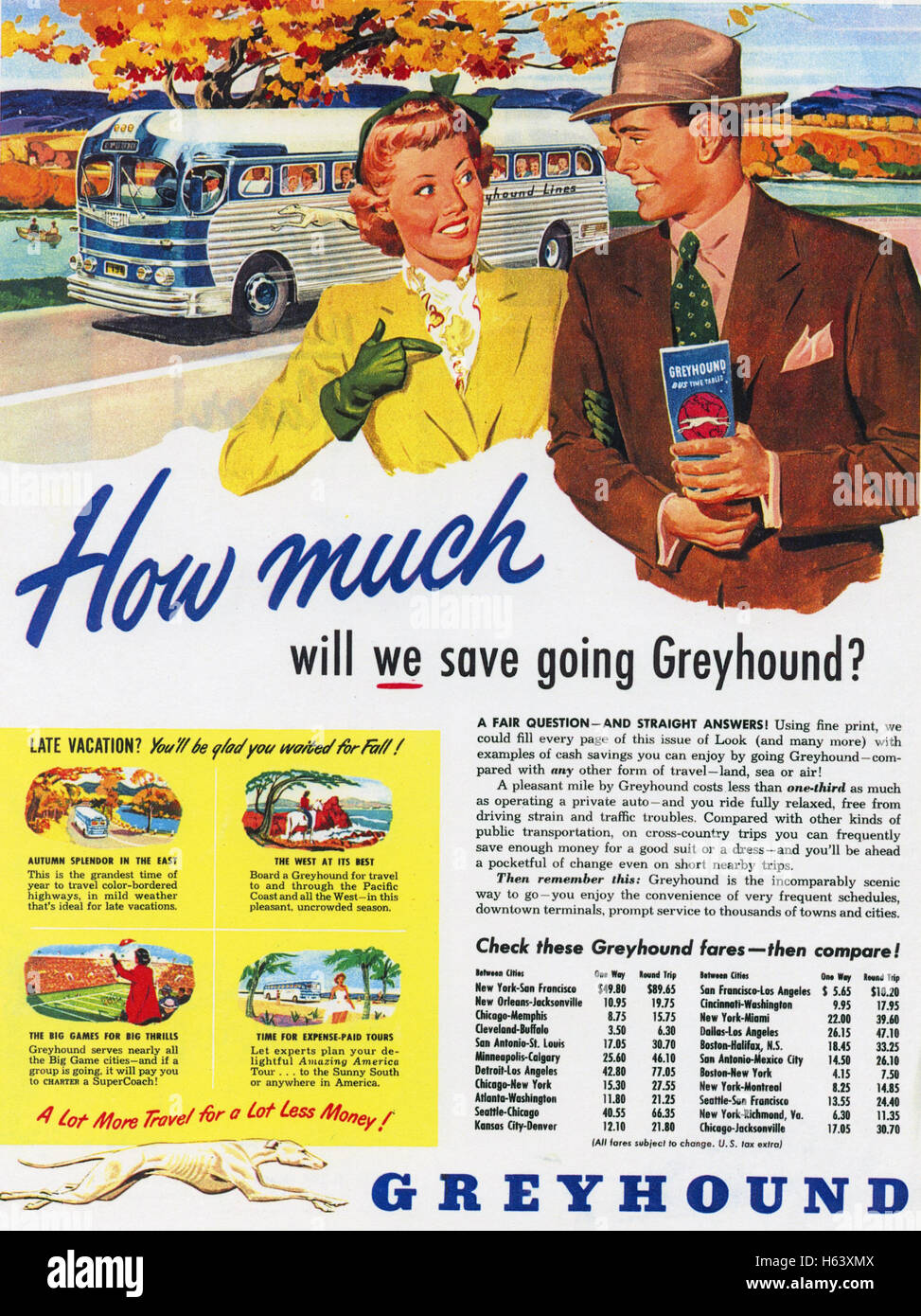 GREYHOUND BUS advert 1949 showing the GMC PD-3751 Silversides coach in the background Stock Photo