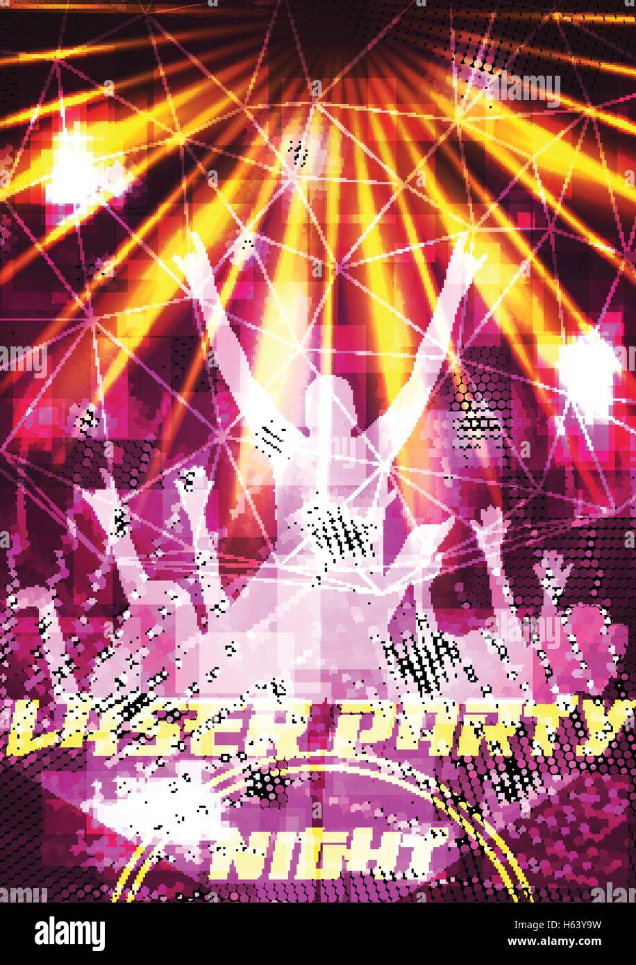 Laser Disco Party Poster with Crowd Background Template - Vector Illustration Stock Vector