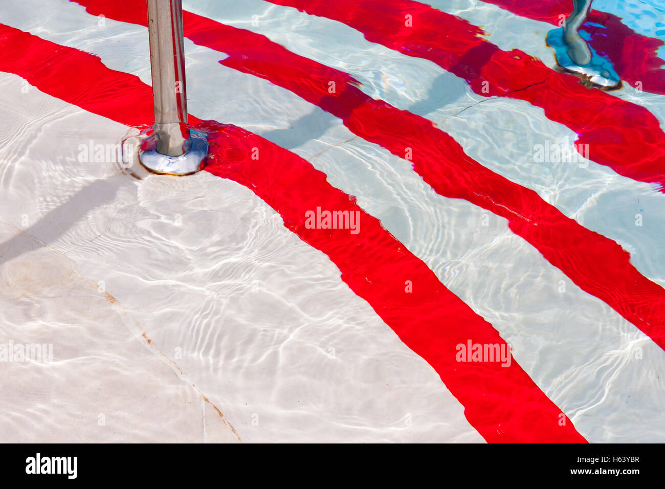 red and white striped swimming pool steps Stock Photo