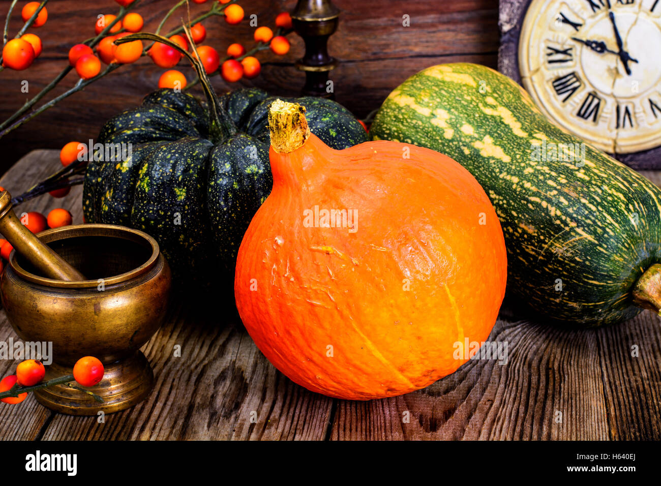 Autumn Pumpkins of different colors for Thanksgiving Day on old Stock ...