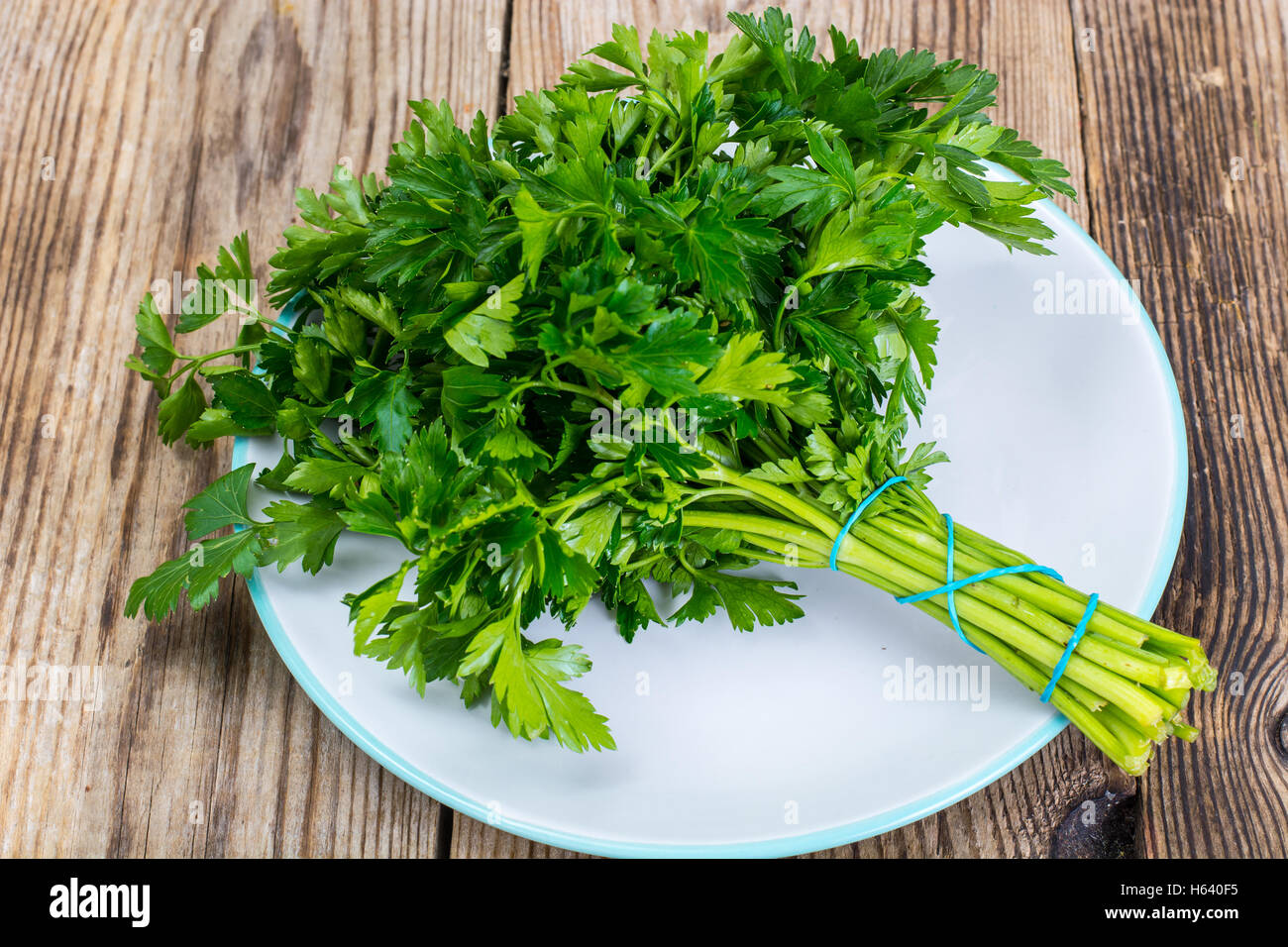 Fresh green bunch of parsley on the old board Stock Photo
