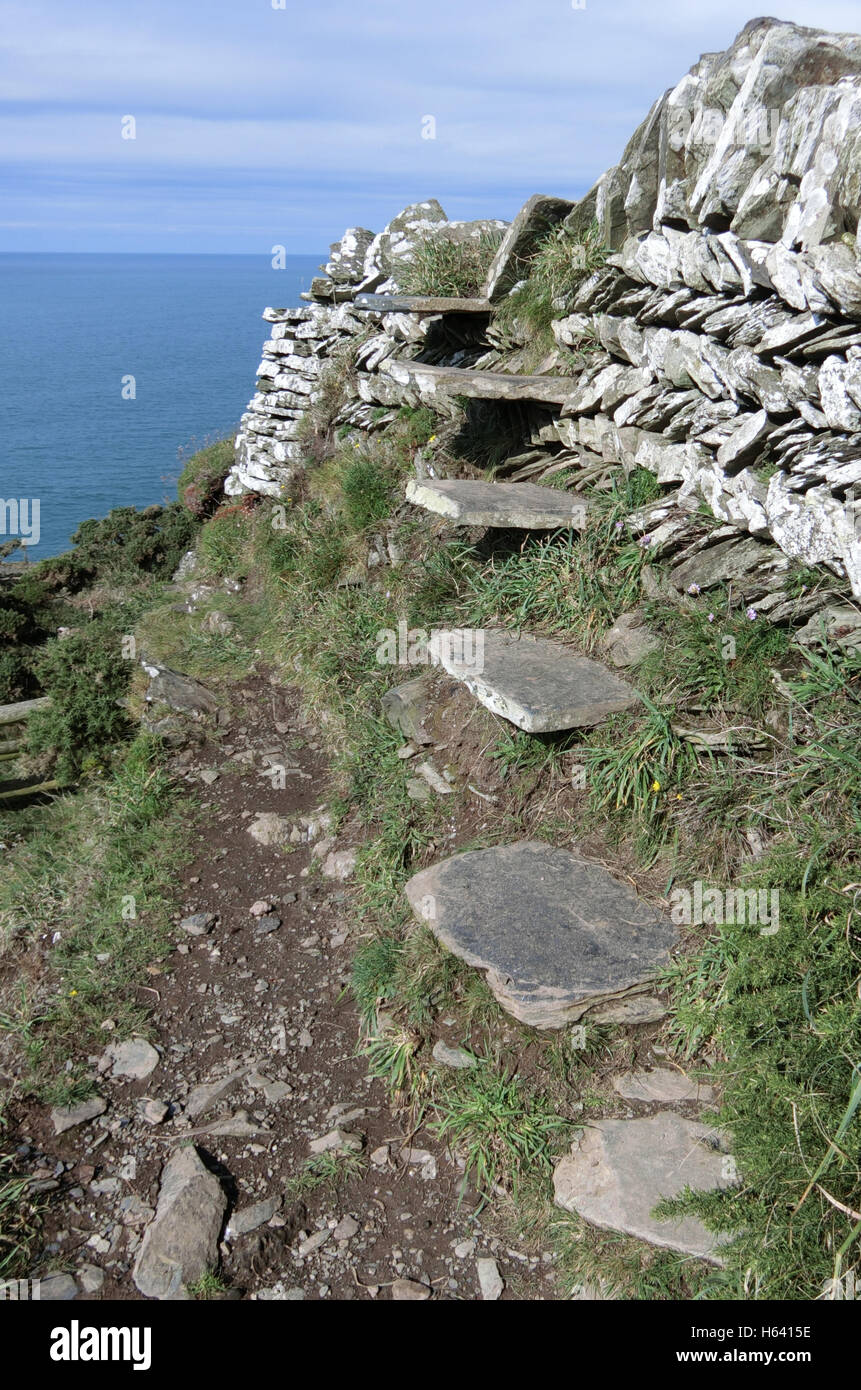 Herringbone Cornish Hedge and Stile, South West Coast Path, Cornwall, England, UK Stock Photo