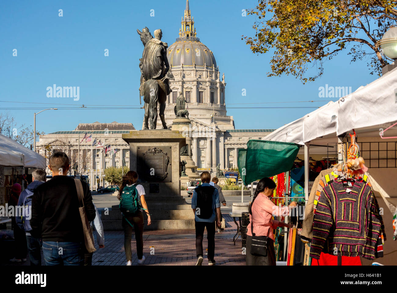 San Francisco, CA, USA, Street Scene, Public Statue, Civic Center, City Hall Building, Market Place, people urban public Stock Photo