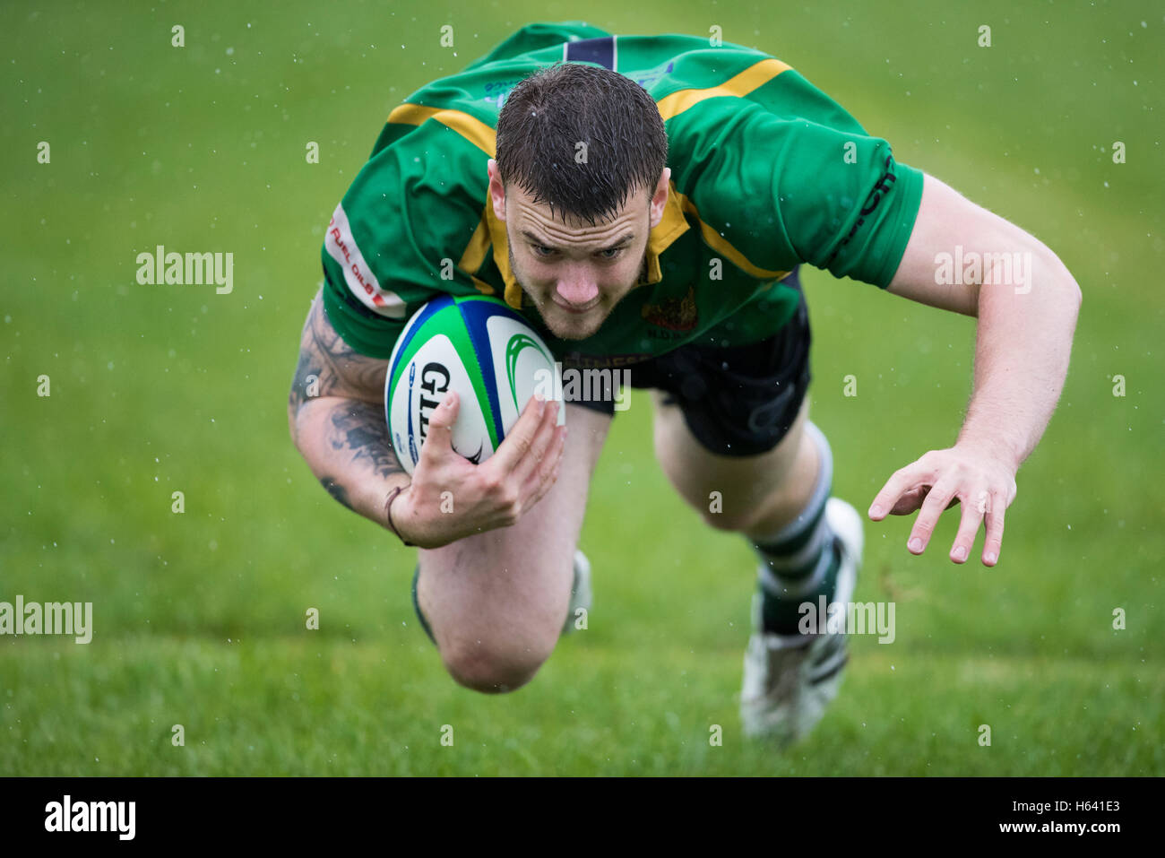 NDRFC 1st XV vs Bournemouth RFC 1st XV Friendly -Gillingham, Dorset, England. NDRFC player diving over try line to score try. Stock Photo