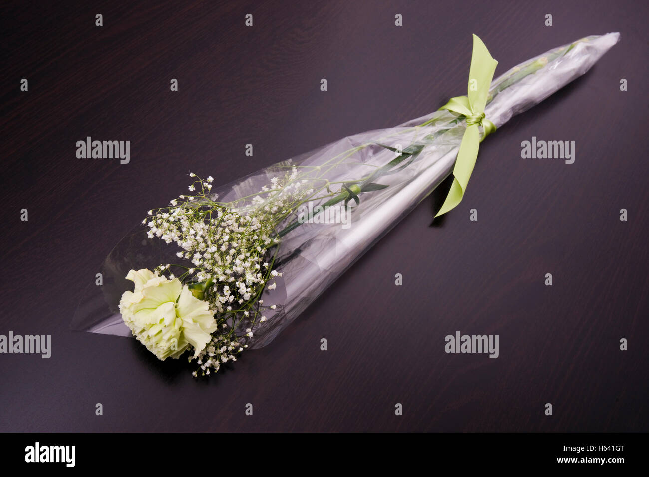 Single carnation bouquet wrapped in cellophane with matching bow Stock Photo