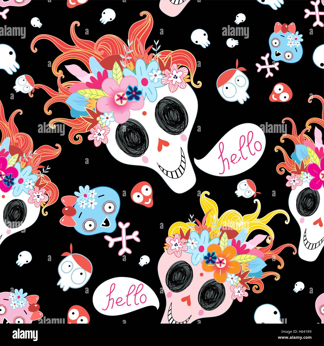 Bright seamless pattern for Halloween with a cheerful skulls Stock ...