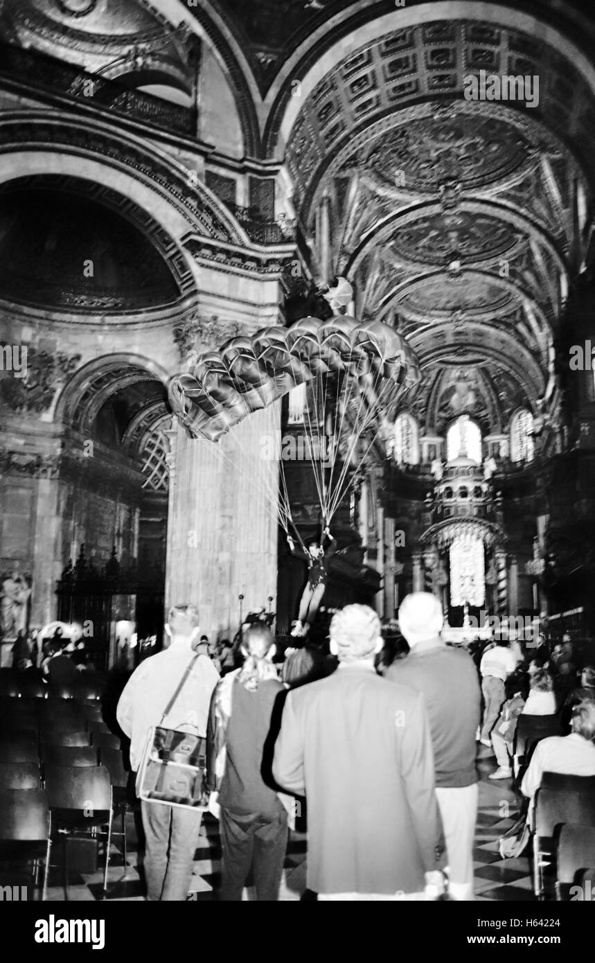 Russell Powell BASE 230 BASE Jumping from the Whispering Gallery inside St Pauls' Cathedral London. Picture copyright Doug Blane Stock Photo